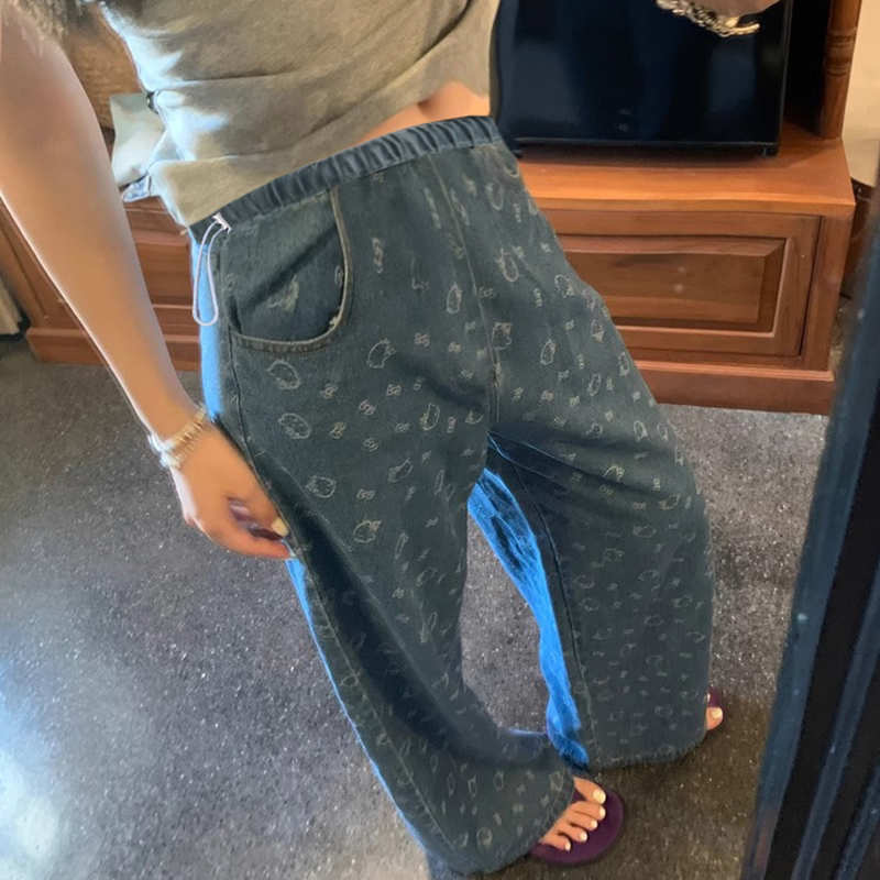 Maternity Wear Kitty Cat Blue Denim Wide-Leg Pants Summer Thin Tencel Loose Slimming Drapey Lazy Long Pants