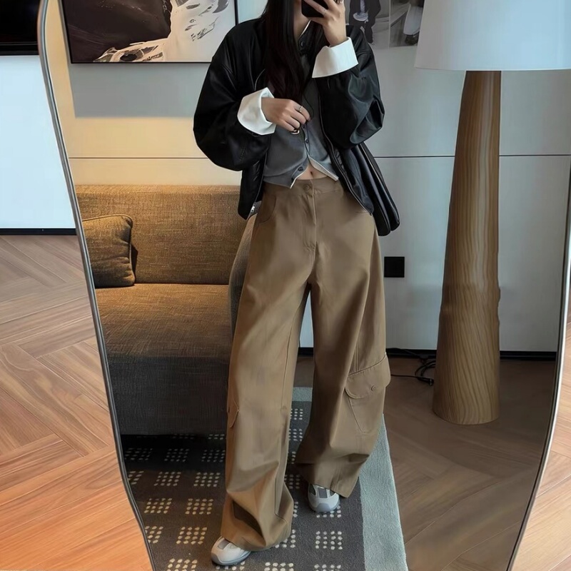 Maternity American Retro Khaki Pocket Cargo Wide-Leg Pants Spring and Summer New Loose Slimming Drawstring Scimitar Pants