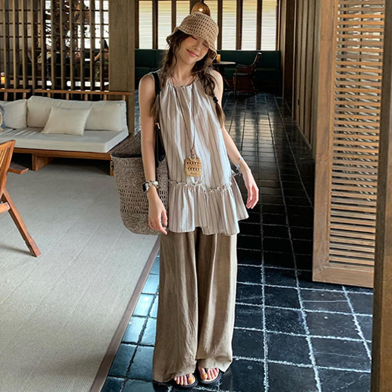 Maternity Outfit Korean Style Trendy Striped Sleeveless Vest Top Coffee-Colored Wide-Leg Pants Summer New Two-Piece Set Trendy