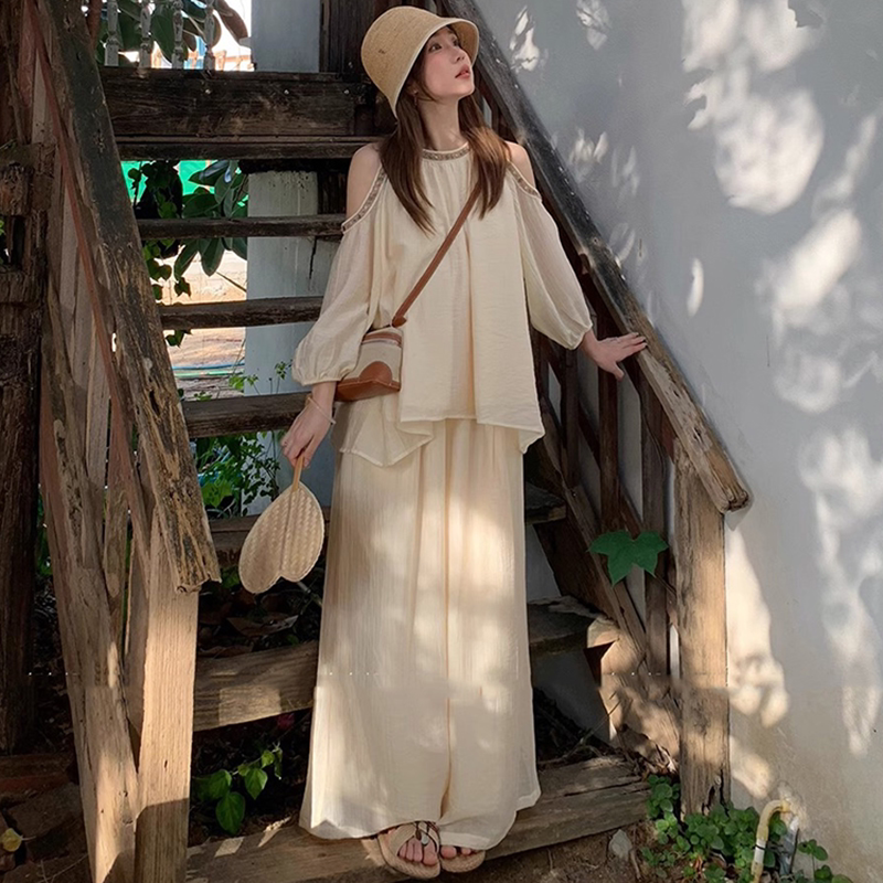 Maternity Set, Bohemian Style Off-Shoulder Top, Loose Slimming Wide-Leg Pants, New Summer Style, Age-Reducing Two-Piece Set, Trendy