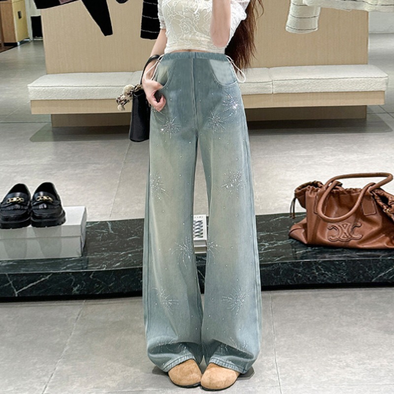 Maternity Korean-Style Blue Rhinestone Fireworks Straight-Leg Jeans, New Spring and Autumn Loose Slimming Retro Wide-Leg Long Pants