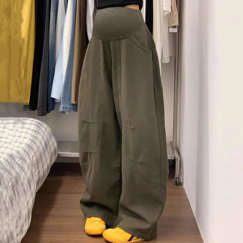 Maternity American-Style Army Green Jeans for Spring, Summer, Autumn, and Winter, Loose Fit, Slimming Cargo Pants, Wide-Leg Straight-Cut Scimitar Pants, Long Pants