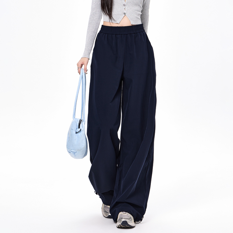 Navy Blue Quick-Dry Work Pants for Women, New Summer Style, High-Waisted, Slimming Wide-Leg Pants, Petite Casual Straight-Leg Pants