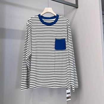 Pocket design contrasting color age-reducing striped thin sweater zchen-zc30125