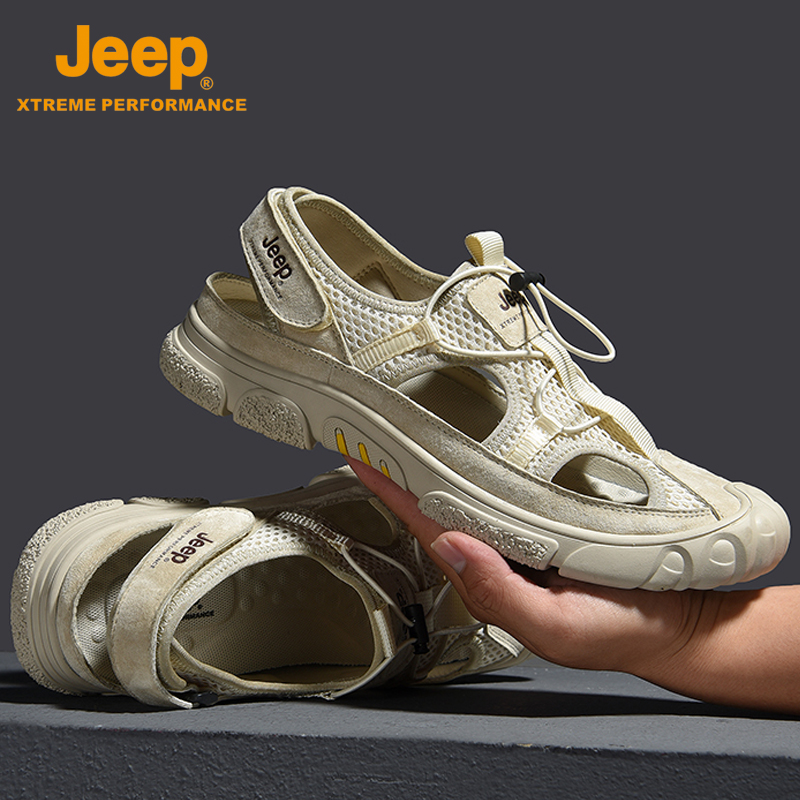 JEEP Sandals Men's Wave Summer New Genuine Leather Baotou Outdoor Leisure Sports Hollowed-out Cave Shoes Sandals Sandal Beach Shoes