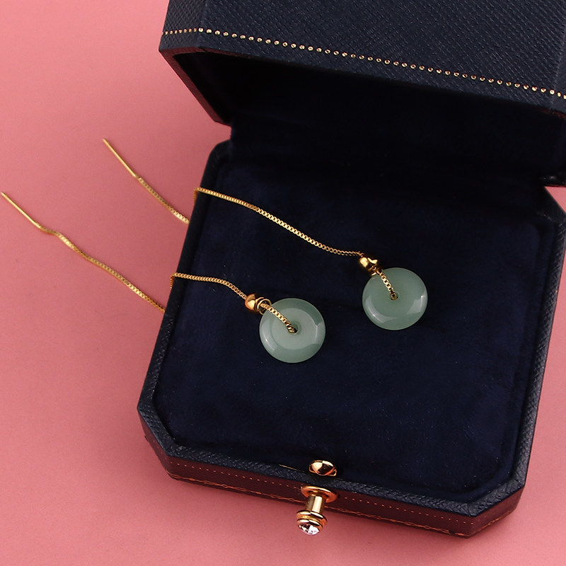 Hetian jade safety buckle earrings women's 2022 new trendy temperament high-end sense of thin and long version of tassel gold-plated earrings