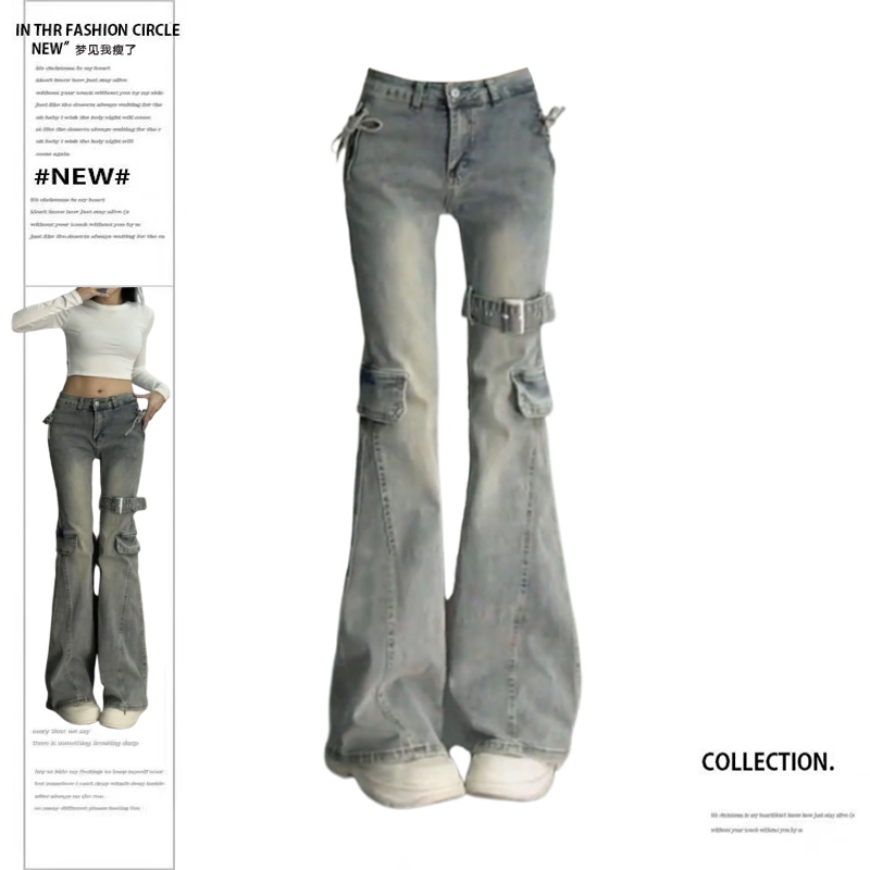 Plus-Size Designer Bow-Tie Flared Jeans for Women 2025 Spring American Retro Distressed Washed Denim Pants
