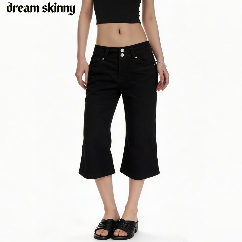 Plus-Size Vintage Black Low-Waist Bootcut Cropped Jeans for Women, Summer Slimming Pants with a High-End Design