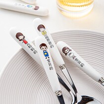  Parent-child ceramic handle stainless steel spoon family creative cute cartoon household spoon Adult children eating spoon