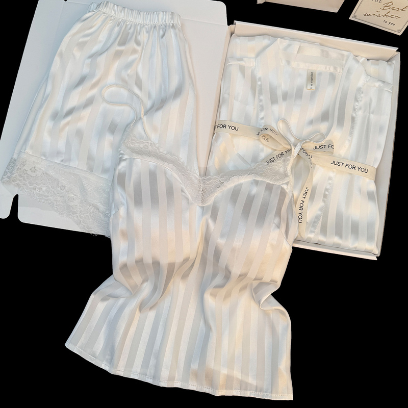 Lace Striped Three-Piece Set with Padded Pajamas, Women's Suspender Shorts, Sexy Pure White Silk Satin Home Wear