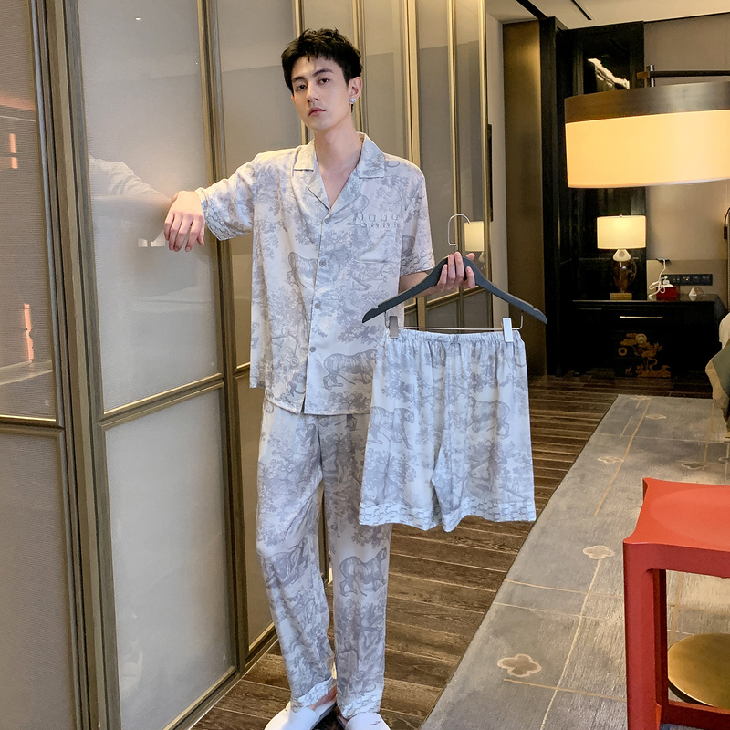 Ink Painting Tiger Pattern Men's Ice Silk Pajamas Summer Three-Piece Set Short-Sleeved Imitation Silk with Pockets Loungewear