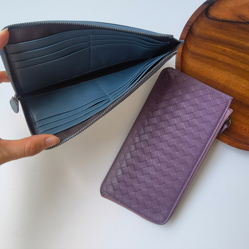 Mcbv Sheepskin Classic Hand-Woven Unisex Genuine Leather Long Card Holder Wallet Ultra-Thin Mobile Phone Bag