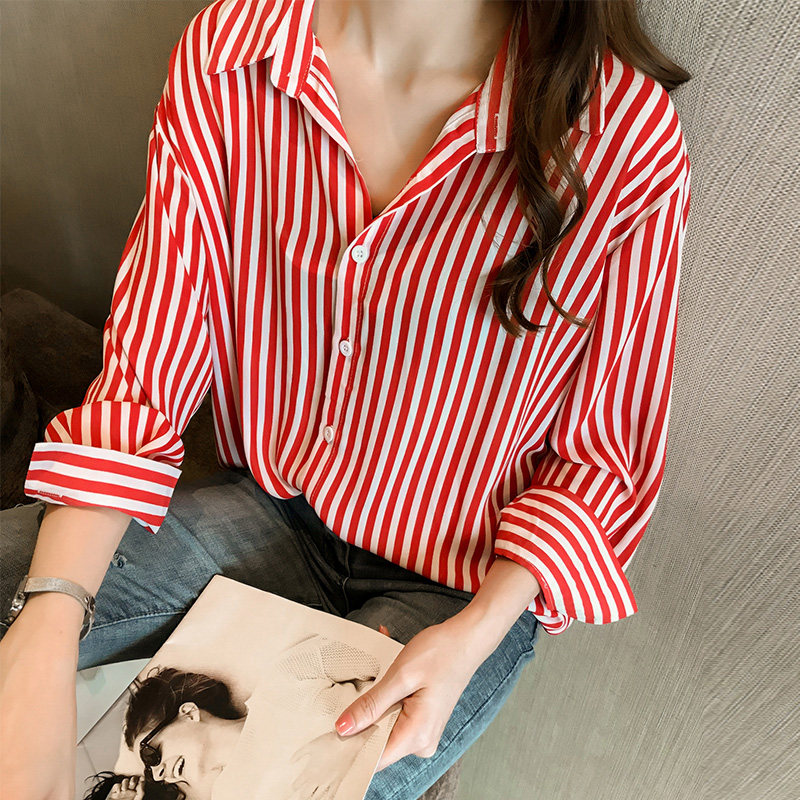 Chiffon shirt female Korean version 2020 spring and autumn women's loose striped long-sleeved top super fairy sexy bottoming shirt summer
