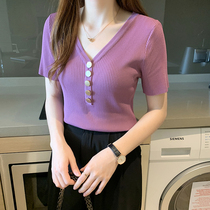 Ice silk v-neck t-shirt womens short-sleeved 2020 summer new Korean loose short half-sleeved top sweater t-shirt tide