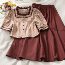 Literary and artistic fashion suit Female fungus-edged checkered single-breasted cardigan half-sleeved top Elastic waist mid-length skirt