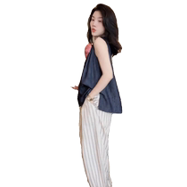 Temperament sleeveless waistcoat design fashion suit for women summer new linen cotton vertical striped wide-leg pants two-piece set trendy