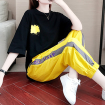 2021 summer fashion trendy brand sports suit female Korean loose slim short sleeve T-shirt casual trousers two-piece set