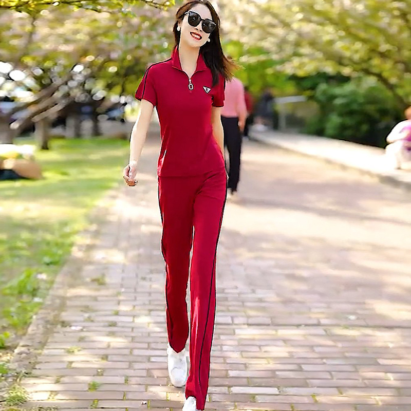 Casual Sports Suit for Women 2025 New Red Fashion Brand Sportswear Summer Outfit Age-Reducing Short-Sleeved Two-Piece Set Trendy