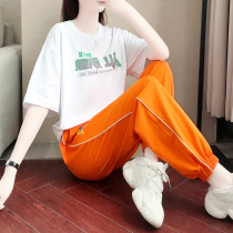 Tide brand sports leisure suit female summer 2021 new students Korean fashion foreign style printing T-shirt two-piece set