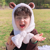 Bear hooded scarf cute baby autumn and winter girls boy Korean childrens hat scarf one baby warm