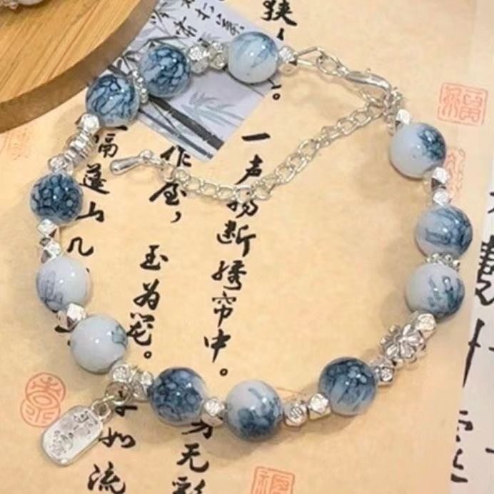 Xiaohongshu Blue and White Porcelain Color Scheme Ancient Style Butterfly Tassel Bracelet for Women Niche Design Chinese Style Peace and Fortune Pendant