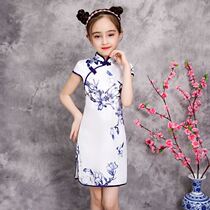 Childrens cheongsam summer silk Mulberry silk girl blue and white porcelain cheongsam 2020 new foreign style catwalk short