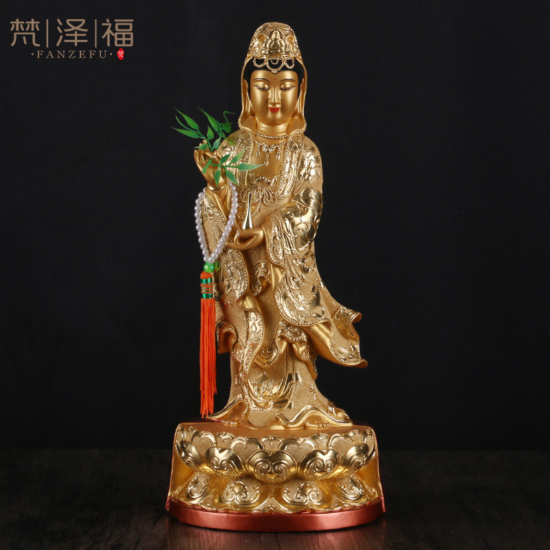 (Camphorwood Log Carving) Avalokitesvara Bodhisattva Buddha Statue Avalokitesvara Ornament Stand Like South China Sea Avalokitesvara Sand Gold Paste