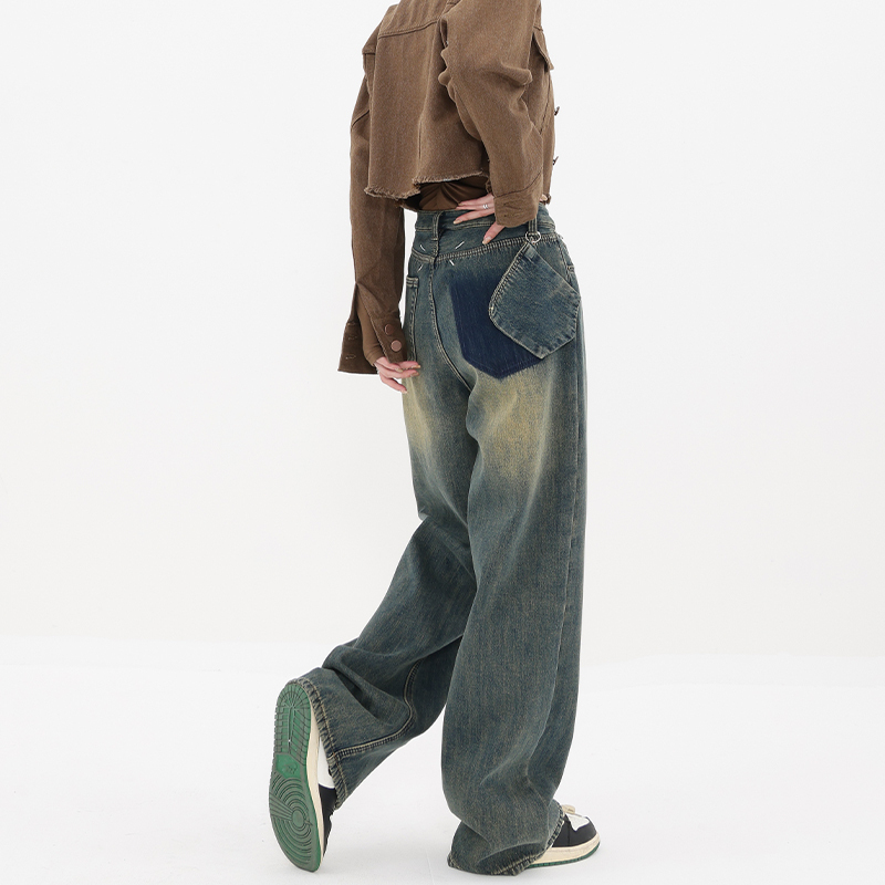 Ken Studio Washed Vintage Design Distressed Straight-Leg Jeans for Women, New Loose Wide-Leg Pants, Floor-Length Pants Ken Studio Washed Vintage Design Distressed Straight-Leg Jeans for Women, New Loose Wide-Leg Pants, Floor-Length Pants