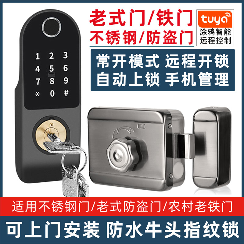 Old-fashioned anti-theft door modified with fingerprint lock courtyard door waterproof bull head lock large iron door intelligent electric control lock electronic password lock