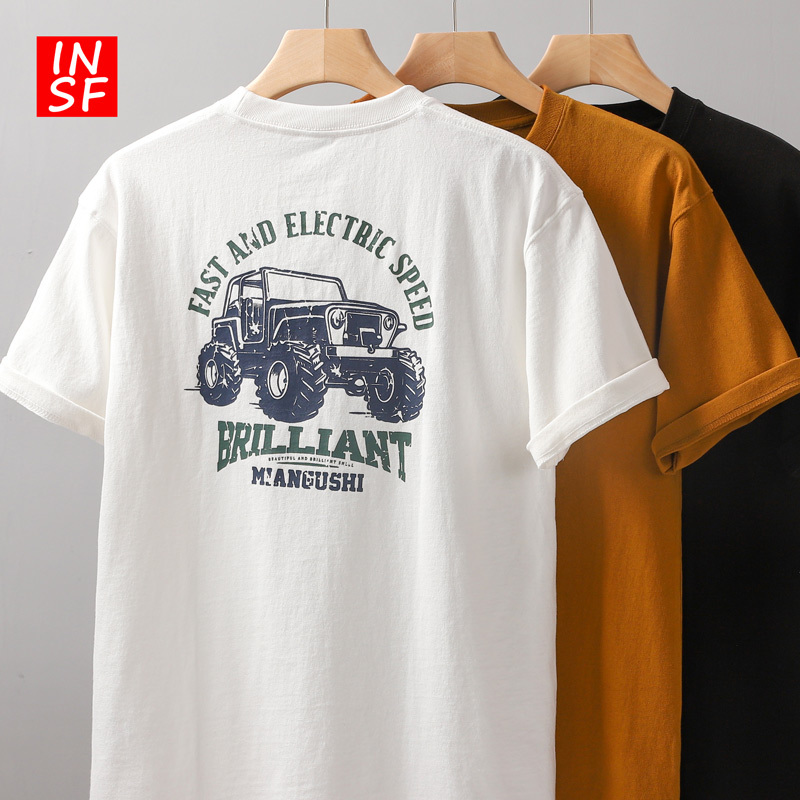 American Style 400g Heavyweight T-Shirt for Men, Short-Sleeved, Wrangler Letter Print, Trendy Brand, Pure Cotton, White, Oversized Half-Sleeve