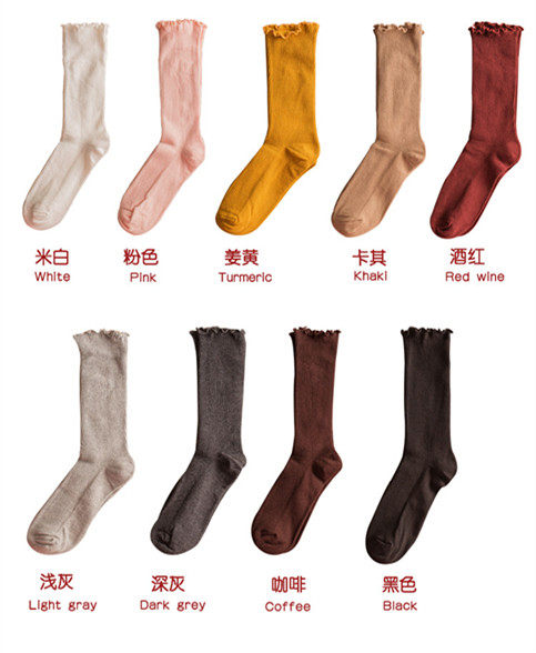 Day Single Autumn Winter 100 Hitch Lotus Leaf Side Bubble Socks Midbarrel Socks Pure Cotton Warm Socks Children Socks Pure Color Beauty Leggings Socks