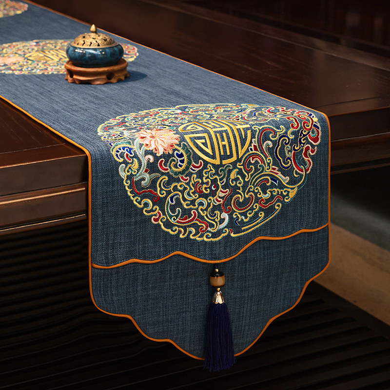 Chinese style table flag Chinese wind cotton linen embroidery tea table tea flag tea table cloth bed flag TV cabinet cover cloth strip table cloth-Taobao