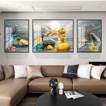  Fortune turns living room decoration painting modern minimalist sofa background wall painting triptych porcelain painting Nordic hanging painting deer