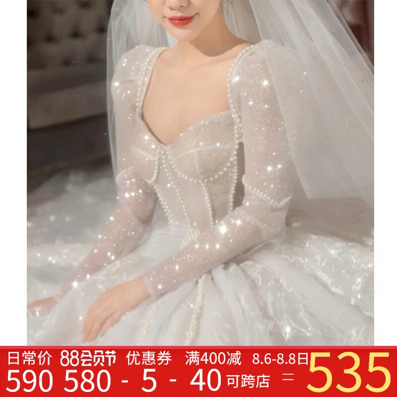 Long-sleeved main wedding dress bride 2021 new big tail 2020 French light and heavy industry court one shoulder summer