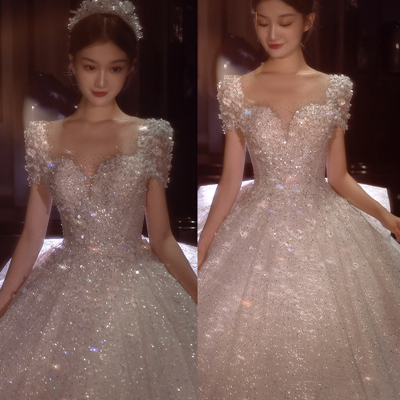 Main wedding dresses 2022 new big trailing brides small subladies French style light V collar summer lined with starry sky