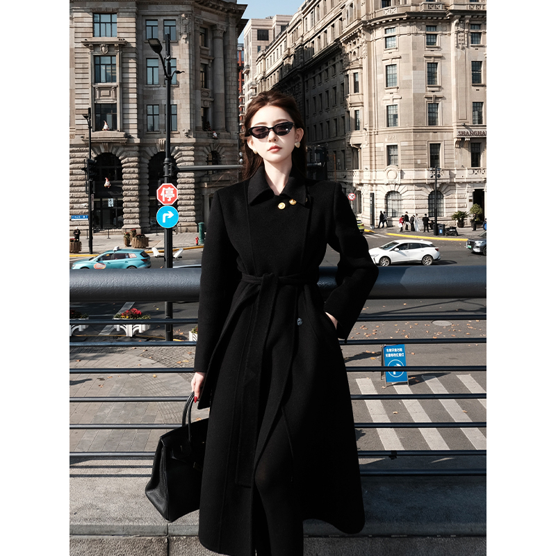 Shaoer【Sunrise Vienna】Autumn and Winter Black and Gold Elegant Double-Sided Woolen Coat for Women S725Z21467