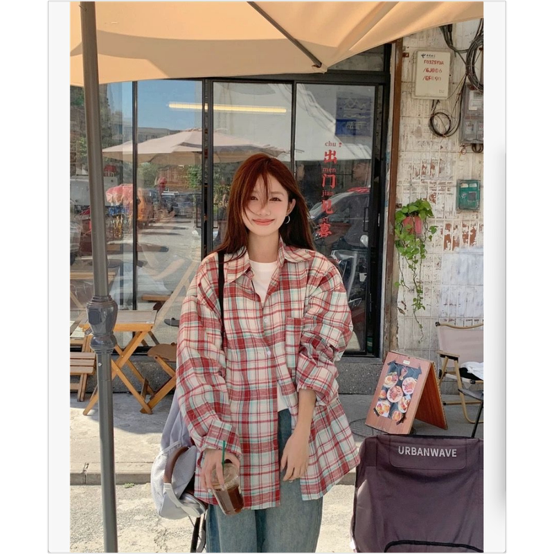 American-Style Spicy Retro Plaid Long-Sleeve Red Shirt for Women, Spring and Summer Pure Desire Lazy Style Plaid Top Thin Jacket