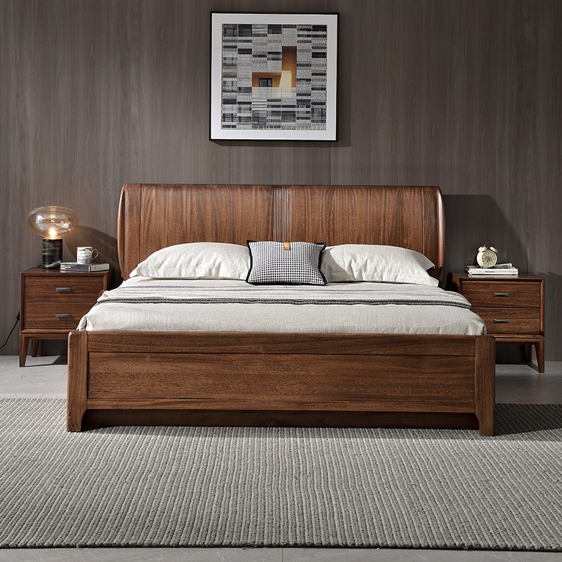 Black walnut bed 1 8m double bed Master bedroom Italian wedding bed Storage pressure high box New Chinese solid wood bed