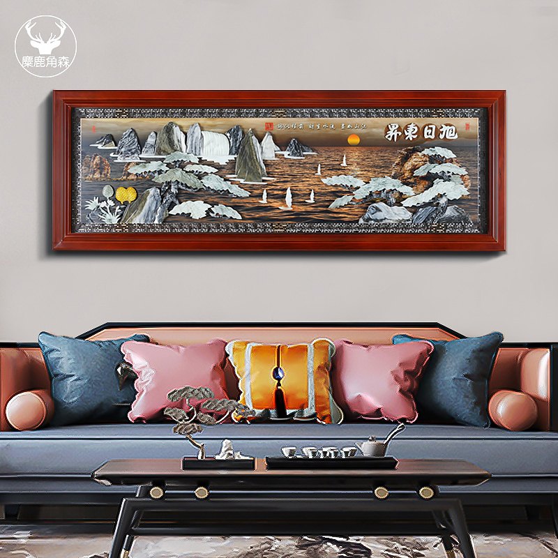 New Chinese living room decorated porch bedroom wall mounted solid wooden jade sculpture sofa background wall stereo decoration