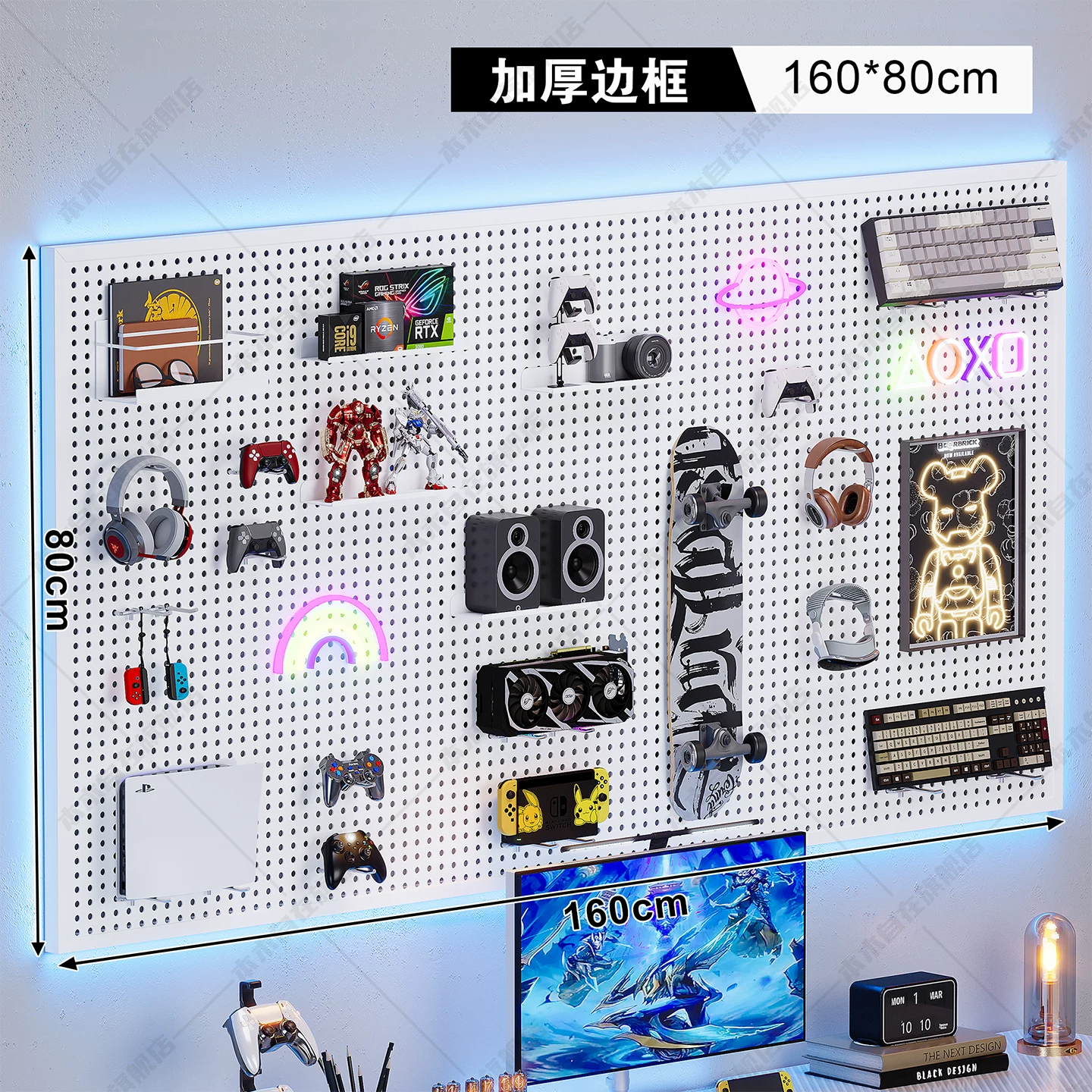 Computer Desk, Carbon-Fiber Pattern Gaming Table, perforated board options, multiple sizes 80–160 cm