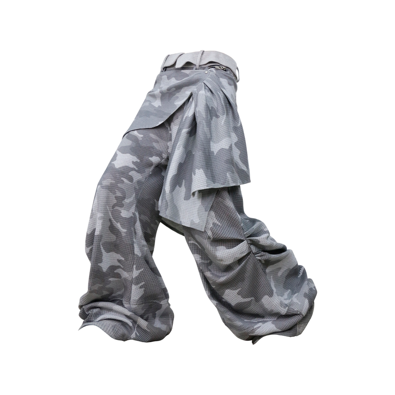 Little Elf Style Relabel (Dream Pleated Flower Bud) High-Waisted White Camouflage Waffle Ruched Balloon Sweatpants for Summer