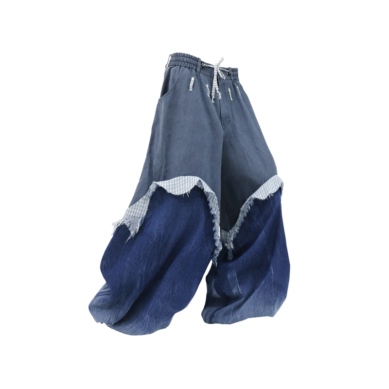 Relabel (Digger Sub-Layer) Washed Gradient Denim Patchwork Drawstring Jogger Lantern Balloon Cargo Pants Relabel (Digger Sub-Layer) Washed Gradient Denim Patchwork Drawstring Jogger Lantern Balloon Cargo Pants