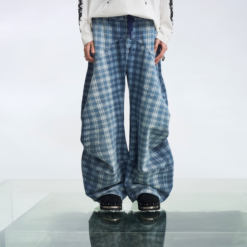 Relabel (Ge Meng) Bud Balloon Plaid Print Draped Loose Wavy Texture Gradient Washed Denim Jeans Relabel (Ge Meng) Bud Balloon Plaid Print Draped Loose Wavy Texture Gradient Washed Denim Jeans