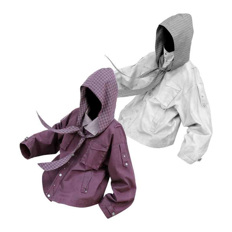 Relabel (Fantasy Ash) Violet White Smoke Distressed Plaid Hood Modified M65 Workwear Jacket