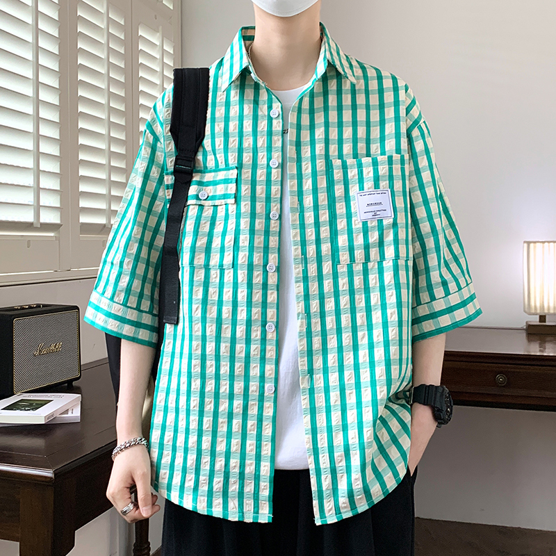 Summer New Men's Short-Sleeved Shirts, Men's Casual Youth No-Iron Five-Quarter Sleeve Tops, Men's Plaid Mid-Sleeve Shirts