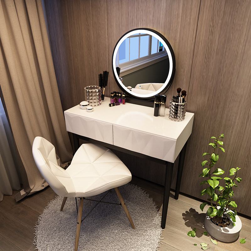 Nordic Ins Wind Small Family minimalist Bedroom Makeup Bench Mesh Red Makeup Table With Lamp Light Lavish Nordic Solid Wood Desk