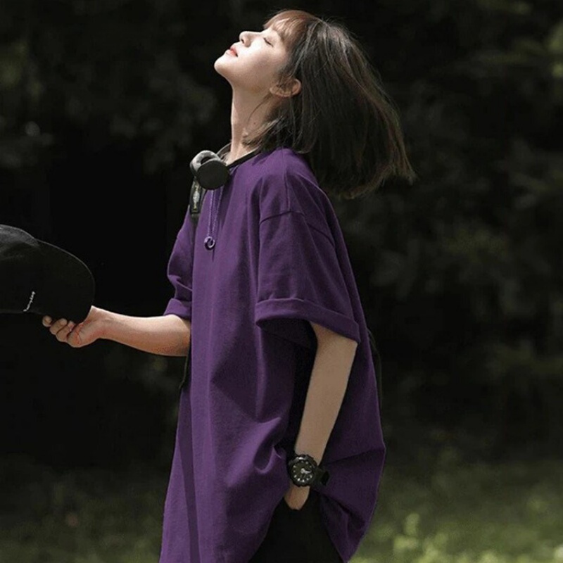 260g Heavyweight Cool-Feeling Short-Sleeve Grape Purple Chinese Style T-Shirt for Women, Drop Shoulder Loose Fit Solid Color Top That Makes You Look Fairer ins