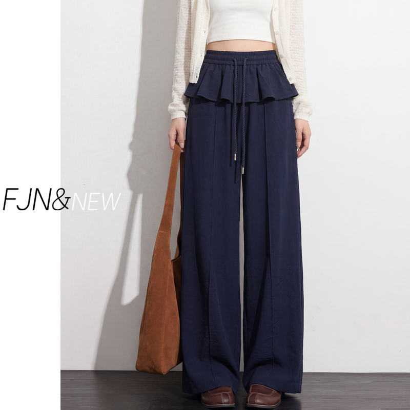 Black Faux Two-Piece Lace Wide-Leg Pants for Women, Summer High-Waisted Pleated Skirt Pants, Casual Drawstring Floor-Length Pants