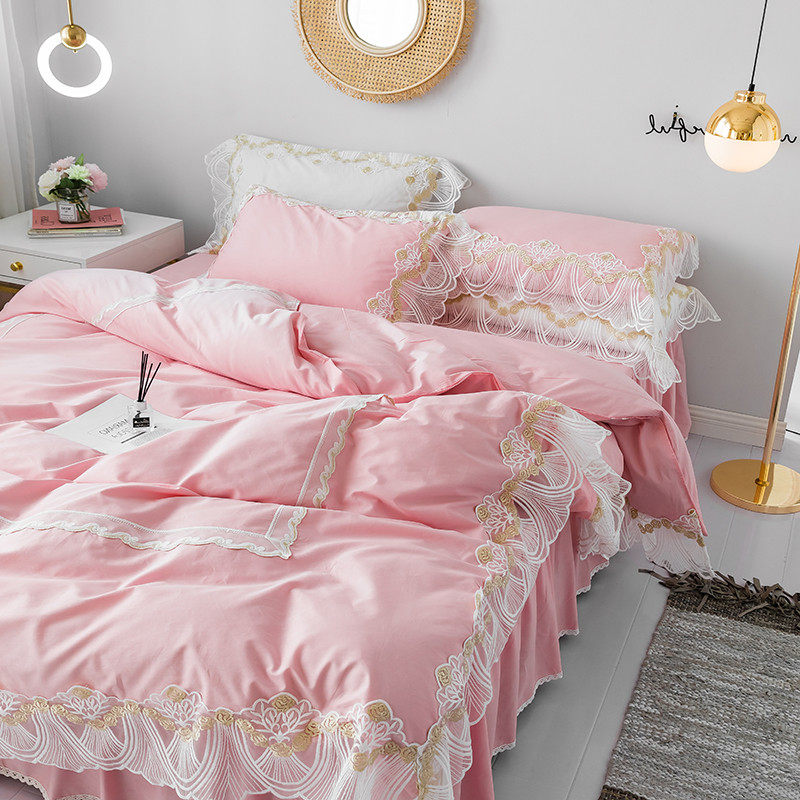 100% cotton pure cotton princess style four-piece set 100 cotton pink girl heart bed skirt lace bed cover 1 8m bedding