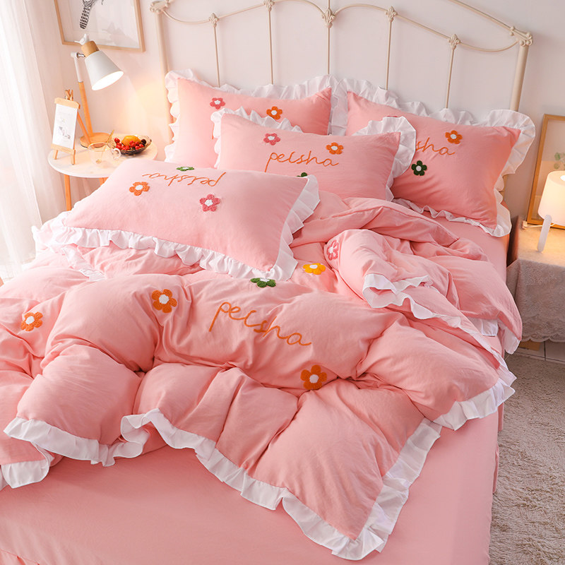 Cotton pure cotton four-piece set washed cotton princess style towel embroidered bed sheet quilt cover pink girly heart bedding